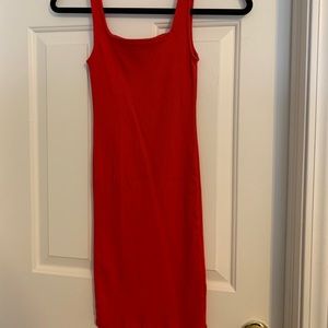 Red square neck bodycon dress